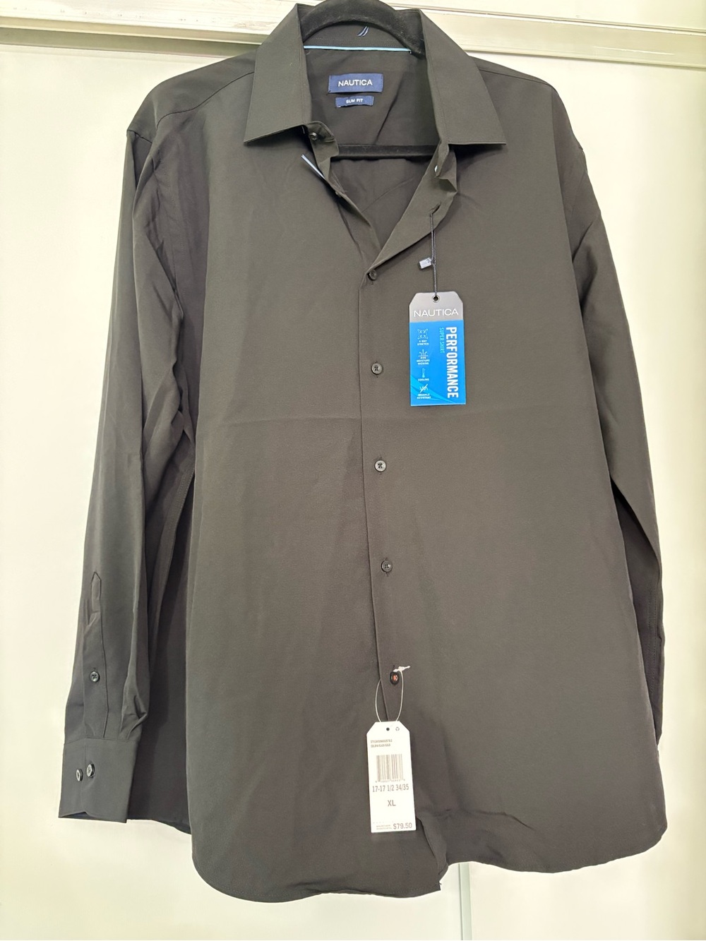 NWT Nautica Men's XL Long-Sleeve Black Performance Slim Fit Dress Shirt